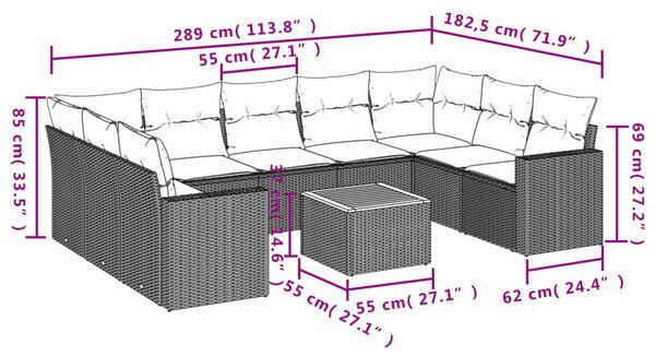 10 részes szürke polyrattan kerti ülőgarnitúra párnákkal