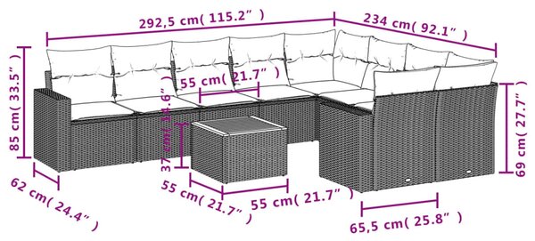 10 részes szürke polyrattan kerti ülőgarnitúra párnákkal