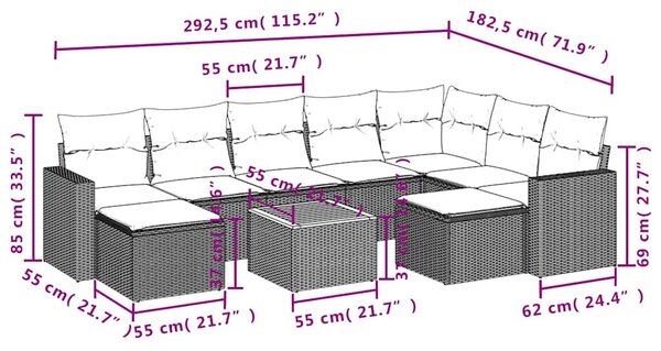 10 részes fekete polyrattan kerti ülőgarnitúra párnákkal