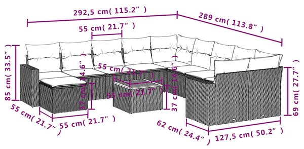 12 részes fekete polyrattan kerti ülőgarnitúra párnákkal