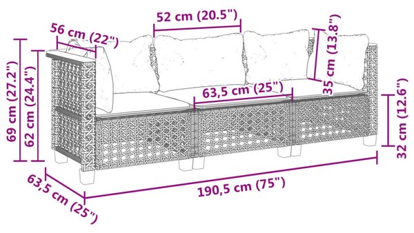 Fekete 3 személyes polyrattan kerti kanapé párnákkal