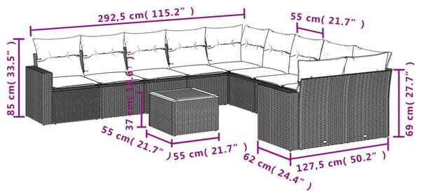 11 részes fekete polyrattan kerti ülőgarnitúra párnákkal