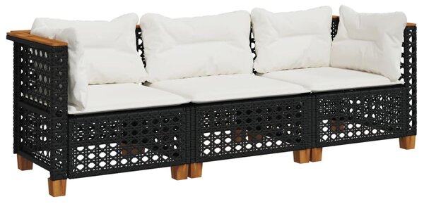 Fekete 3 személyes polyrattan kerti kanapé párnákkal