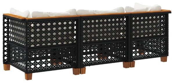 Fekete 3 személyes polyrattan kerti kanapé párnákkal