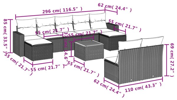 10 részes bézs polyrattan kerti ülőgarnitúra párnával
