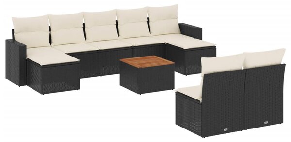 10 részes fekete polyrattan kerti ülőgarnitúra párnákkal
