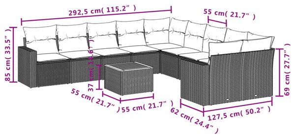 11 részes szürke polyrattan kerti ülőgarnitúra párnákkal
