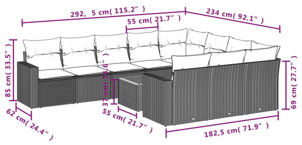 11 részes fekete polyrattan kerti ülőgarnitúra párnákkal