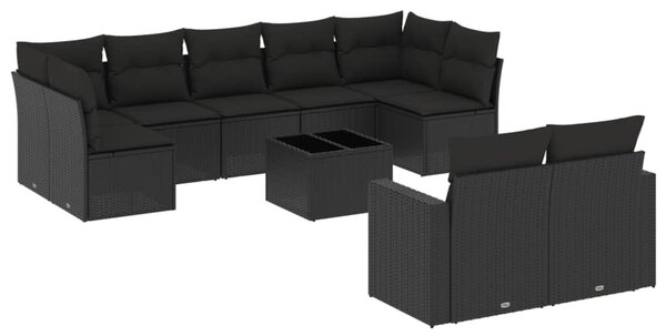 10 részes fekete polyrattan kerti ülőgarnitúra párnákkal