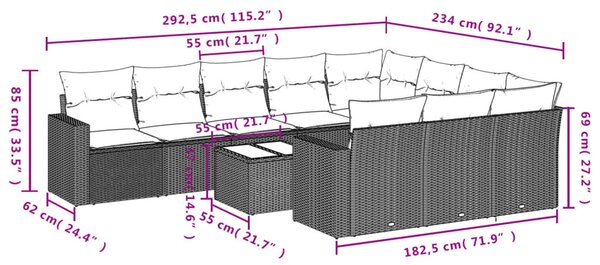 11 részes szürke polyrattan kerti ülőgarnitúra párnákkal