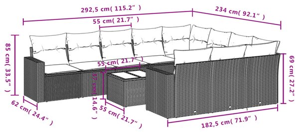 11 részes fekete polyrattan kerti ülőgarnitúra párnákkal