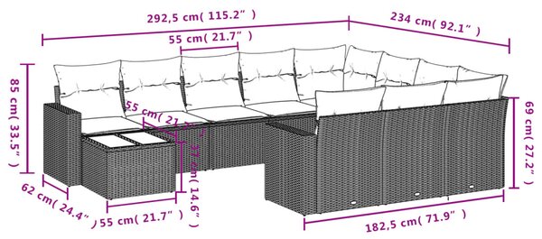 11 részes fekete polyrattan kerti ülőgarnitúra párnákkal