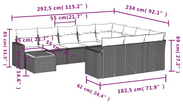 11 részes fekete polyrattan kerti ülőgarnitúra párnákkal