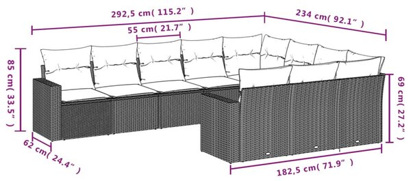 10 részes fekete polyrattan kerti ülőgarnitúra párnákkal
