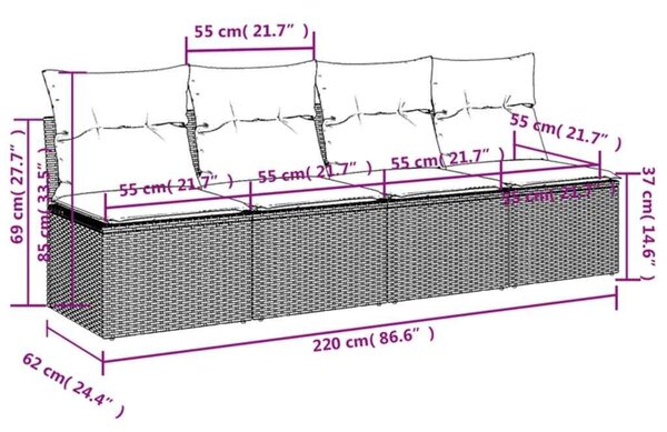 4 személyes barna polyrattan kerti kanapé párnával