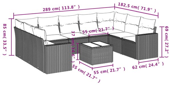 10 részes fekete polyrattan kerti ülőgarnitúra párnákkal