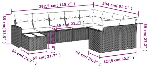 10 részes fekete polyrattan kerti ülőgarnitúra párnákkal