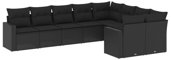 9 részes fekete polyrattan kerti ülőgarnitúra párnákkal