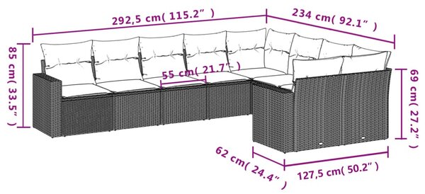 9 részes világosszürke polyrattan kerti ülőgarnitúra párnával