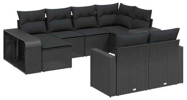 10 részes fekete polyrattan kerti ülőgarnitúra párnákkal