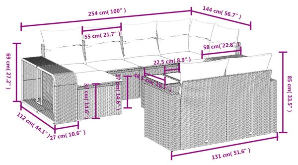 11 részes fekete polyrattan kerti ülőgarnitúra párnákkal
