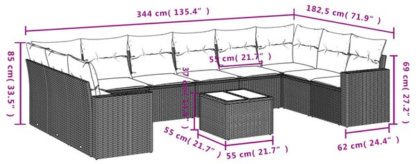 11 részes fekete polyrattan kerti ülőgarnitúra párnákkal