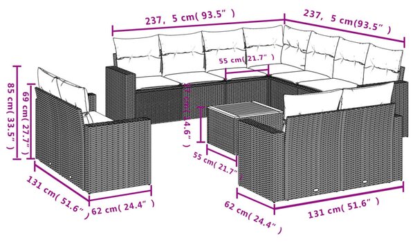 12 részes fekete polyrattan kerti ülőgarnitúra párnákkal