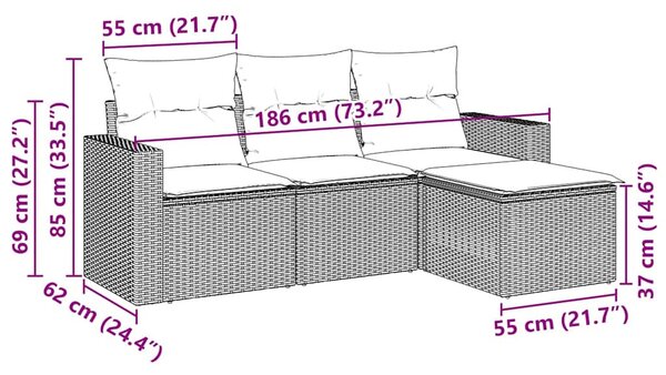 4 részes fekete polyrattan kerti ülőgarnitúra párnákkal