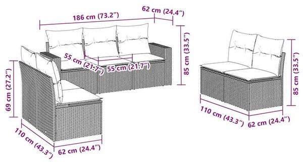 7 részes fekete polyrattan kerti ülőgarnitúra párnával