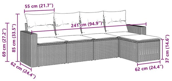 5 részes fekete polyrattan kerti kanapészett párnákkal