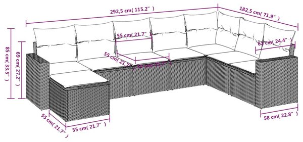 8 részes fekete polyrattan kerti ülőgarnitúra párnákkal