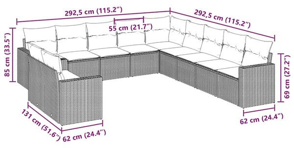 11 részes fekete polyrattan kerti ülőgarnitúra párnákkal