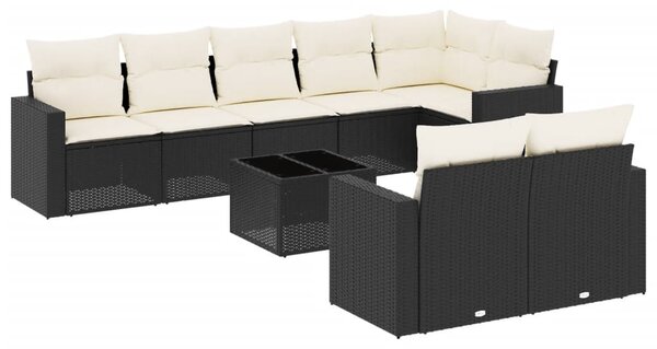 9 részes fekete polyrattan kerti ülőgarnitúra párnákkal