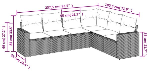 6 részes fekete polyrattan kerti ülőgarnitúra párnákkal