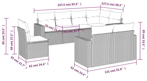 8 részes világosszürke polyrattan kerti ülőgarnitúra párnával