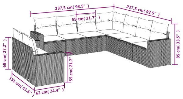 9 részes fekete polyrattan kerti ülőgarnitúra párnákkal