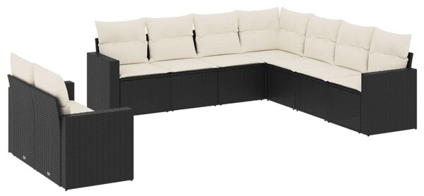 9 részes fekete polyrattan kerti ülőgarnitúra párnákkal