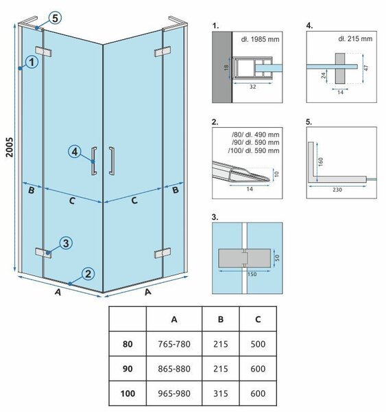 Rea Hugo Double, kétszárnyú zuhanykabin 80 (ajtó) x 80 (ajtó) x 200 cm, 6 mm-es szürke üveg, rézprofil, KPL-K6971
