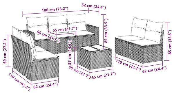 8 részes fekete polyrattan kerti ülőgarnitúra párnákkal