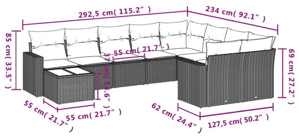 10 részes fekete polyrattan kerti ülőgarnitúra párnákkal