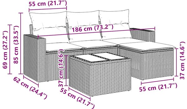 5 részes fekete polyrattan kerti kanapészett párnákkal