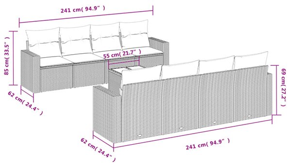 9 részes fekete polyrattan kerti ülőgarnitúra párnákkal