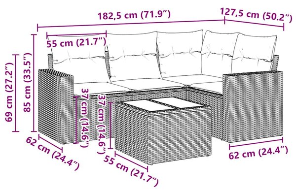 5 részes fekete polyrattan kerti kanapészett párnákkal