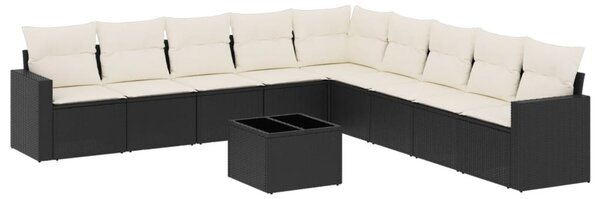 10 részes fekete polyrattan kerti ülőgarnitúra párnákkal