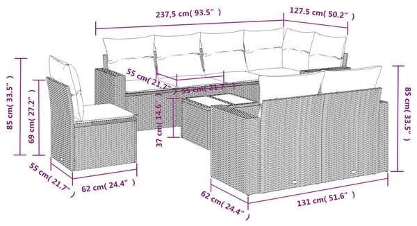 9 részes fekete polyrattan kerti ülőgarnitúra párnákkal