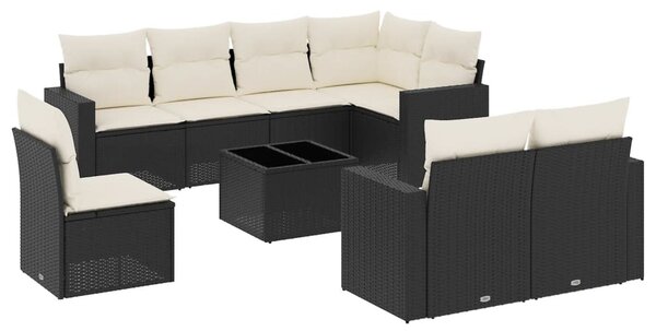 9 részes fekete polyrattan kerti ülőgarnitúra párnákkal