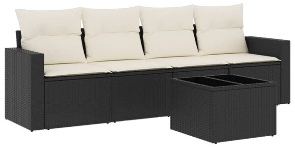 5 részes fekete polyrattan kerti kanapészett párnákkal