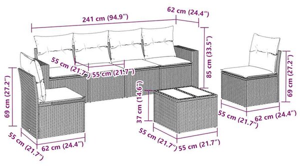 7 részes fekete polyrattan kerti ülőgarnitúra párnával