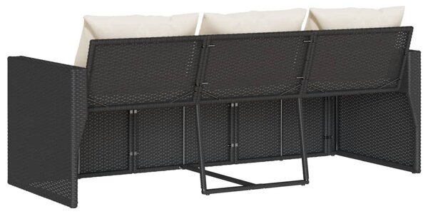 Fekete 3 személyes polyrattan kerti kanapé párnákkal