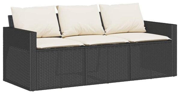 Fekete 3 személyes polyrattan kerti kanapé párnákkal